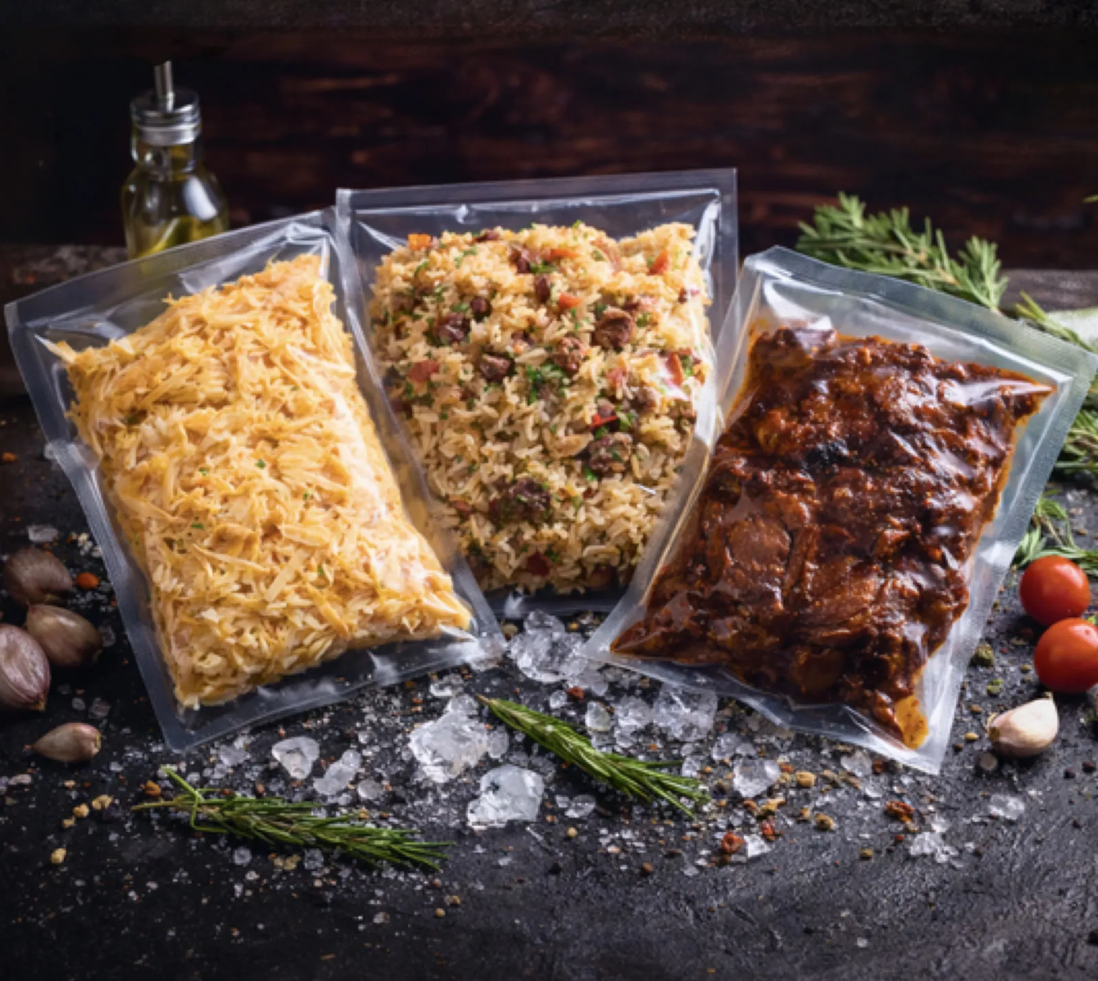 Arroz, farofa e carne prontos, embalados a vácuo em sacos sous-vide